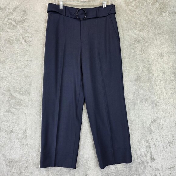 Club Monaco Pants Womens 6 Navy Wool Blend Belted D-Ring Cropped Wide Leg Work - Picture 1 of 13